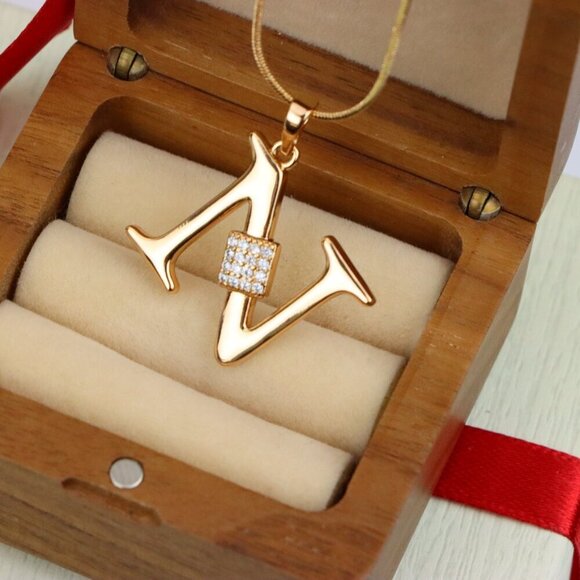 "Rose Gold N Initial Pendant with Dazzling CZ Crystals, XPPT1425 - Picture 1 of 12